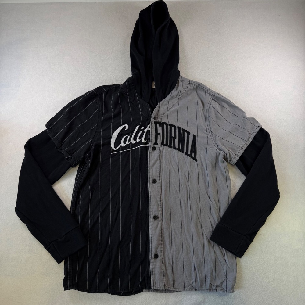 Hollister Mens California Hooded Baseball Jersey Split Pinstripe Black Grey M